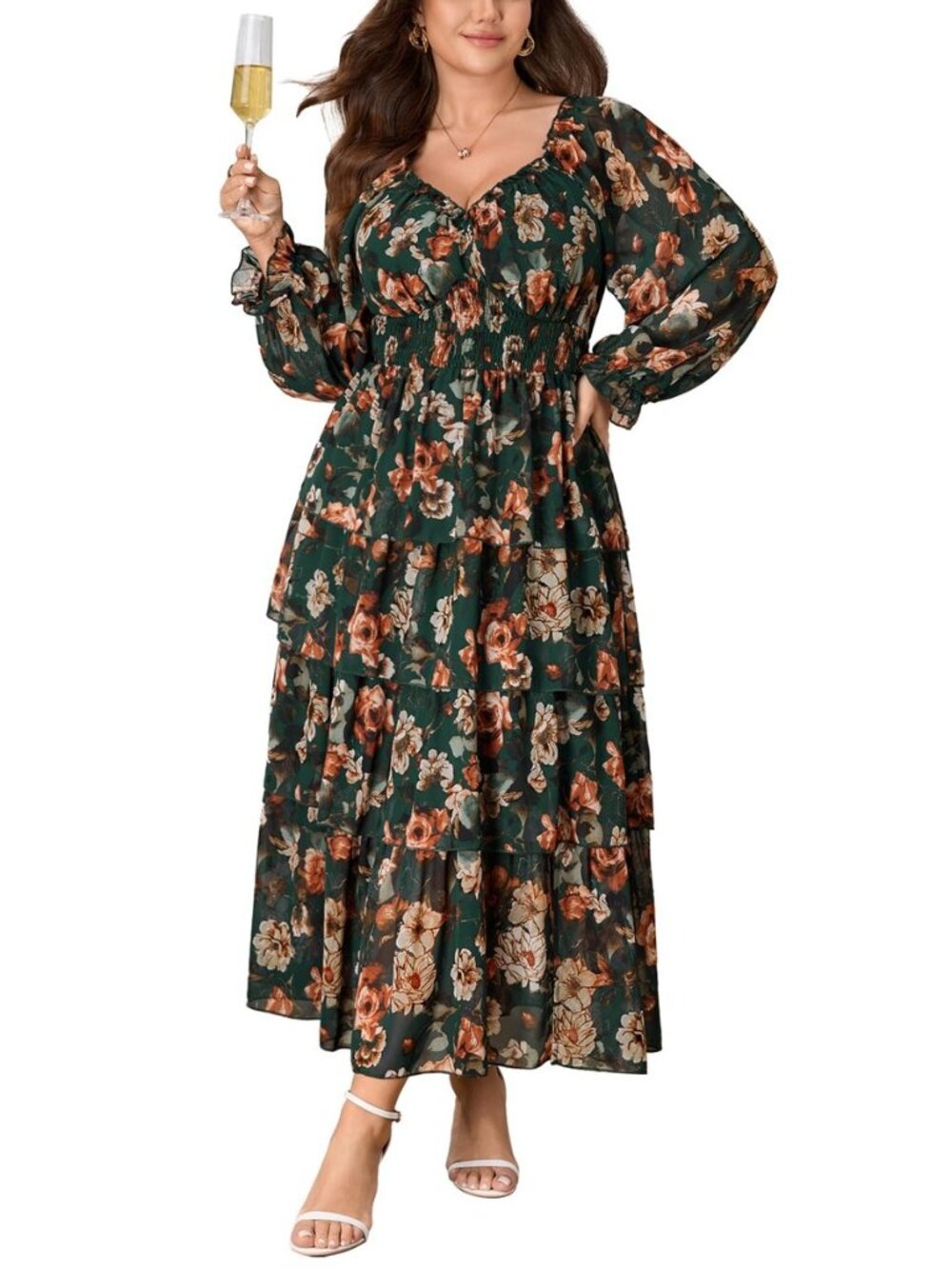 Plus Size Fall Wedding Guest Dress for Women Long Sleeve Floral Maxi Dress